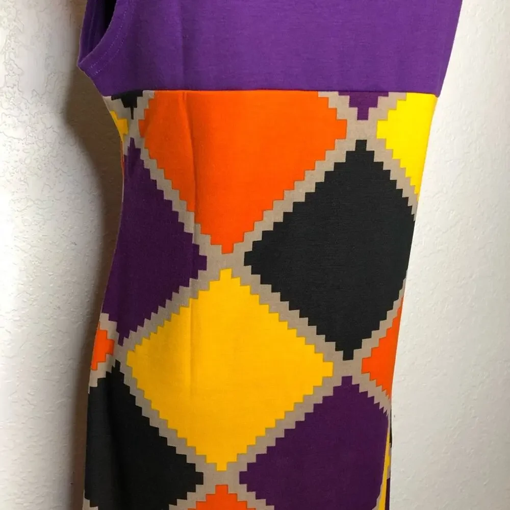 Tracy Negoshian Joan Jagged Diamonds purple orange gold shift dress Medium NWT
